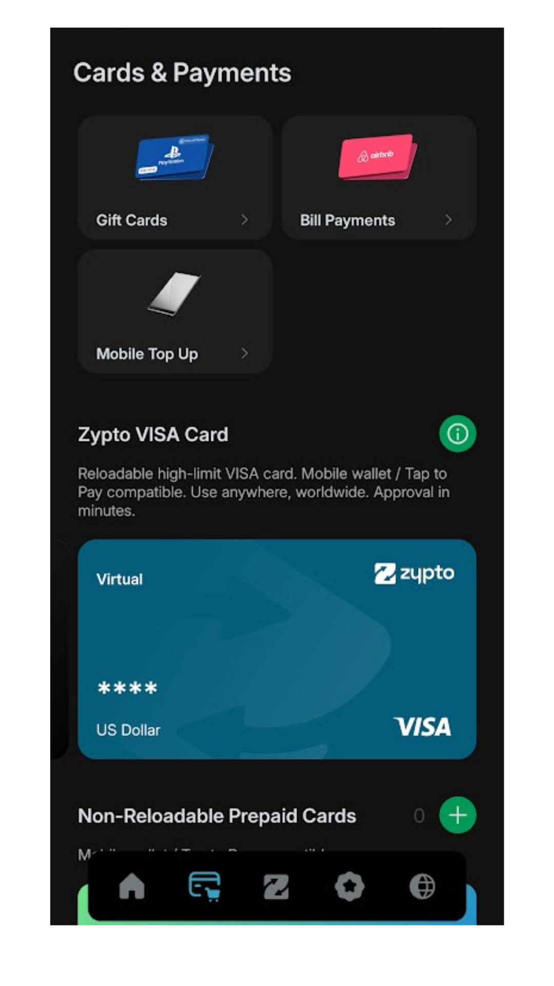 Zypto crypto card management screen